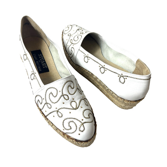 Stuart Weitzman Shoes - Stuart Weitzman Womens 8.5 N Leather Espadrille Casual White Loafer Slip On Shoe